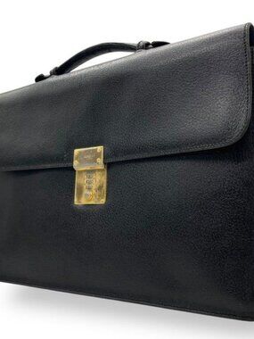 Gucci Leather Business Attache Case Dulles Black Gold Briefcase Classic Handbag